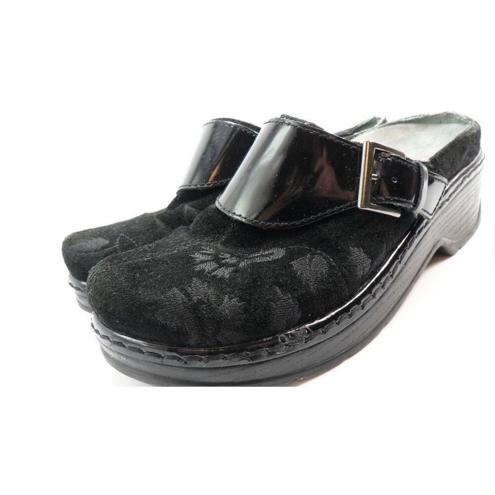 KLOGS‎ Women Black Suede Patent Leather Embossed Slip On Mule Clogs Size 8